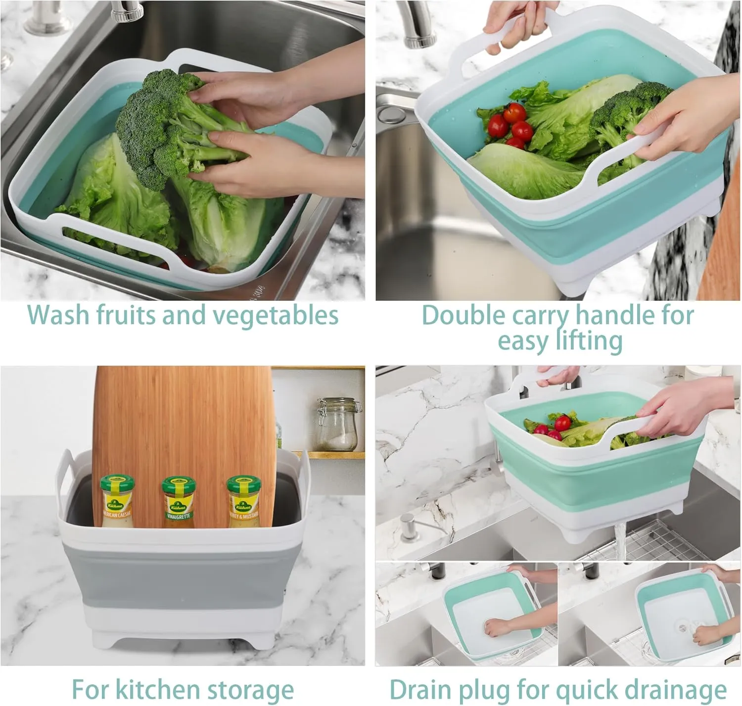 Tiawudi 2 Pack Dishpan for Washing Dishes, Wash Basin with Draining Plug Carry Handles, Collapsible Bucket for Cleaning, Portable Sink, Foldable Plastic Tub, 2.4Gal/9L Each