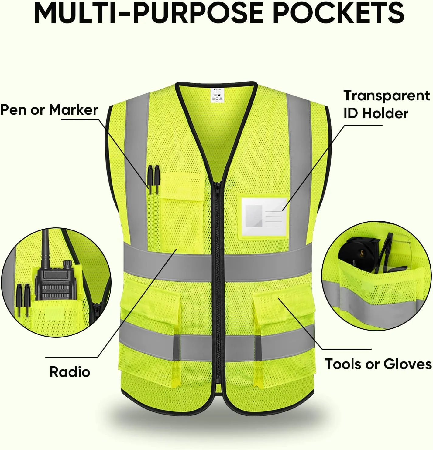 TICONN Reflective Safety Vest High Visibility Class II Mesh Vest for Women & Men Meets ANSI Standards
