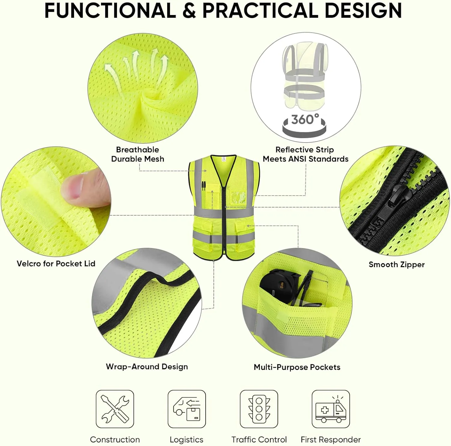 TICONN Reflective Safety Vest High Visibility Class II Mesh Vest for Women & Men Meets ANSI Standards