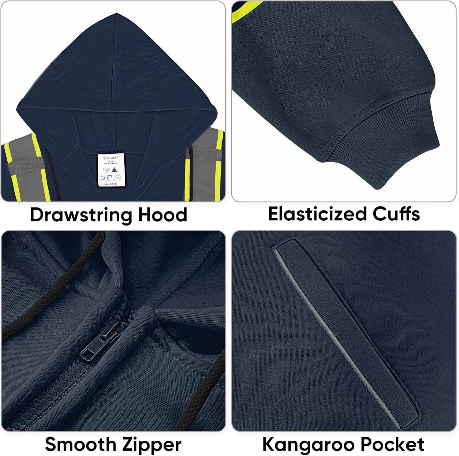 TICONN Safety Hoodie Jacket, High Vis Reflective Safety Fleece Hoodie, PPE Gear for Cold Weather Meet ANSI III