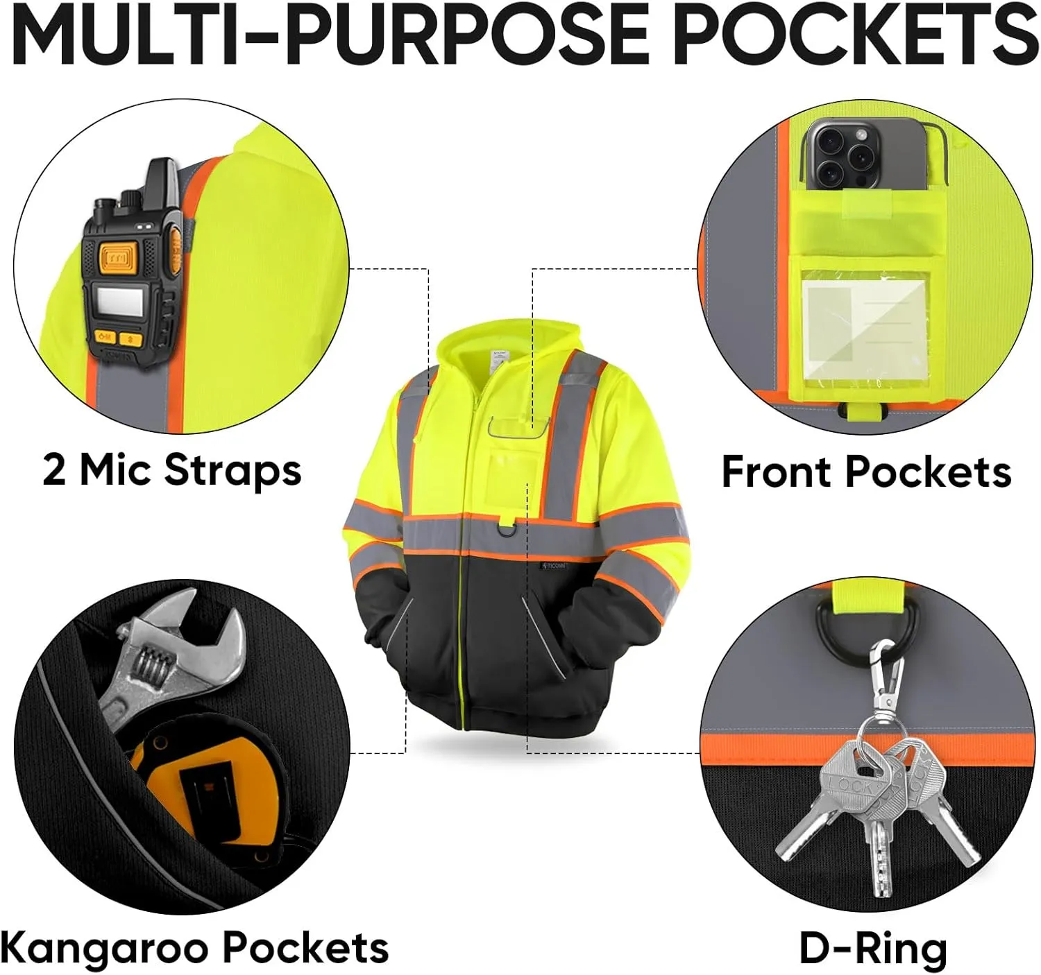 TICONN Safety Hoodie Jacket, High Vis Reflective Safety Fleece Hoodie, PPE Gear for Cold Weather Meet ANSI III