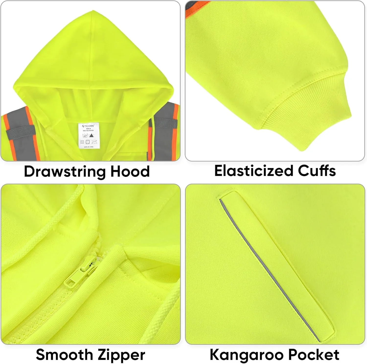 TICONN Safety Hoodie Jacket, High Vis Reflective Safety Fleece Hoodie, PPE Gear for Cold Weather Meet ANSI III