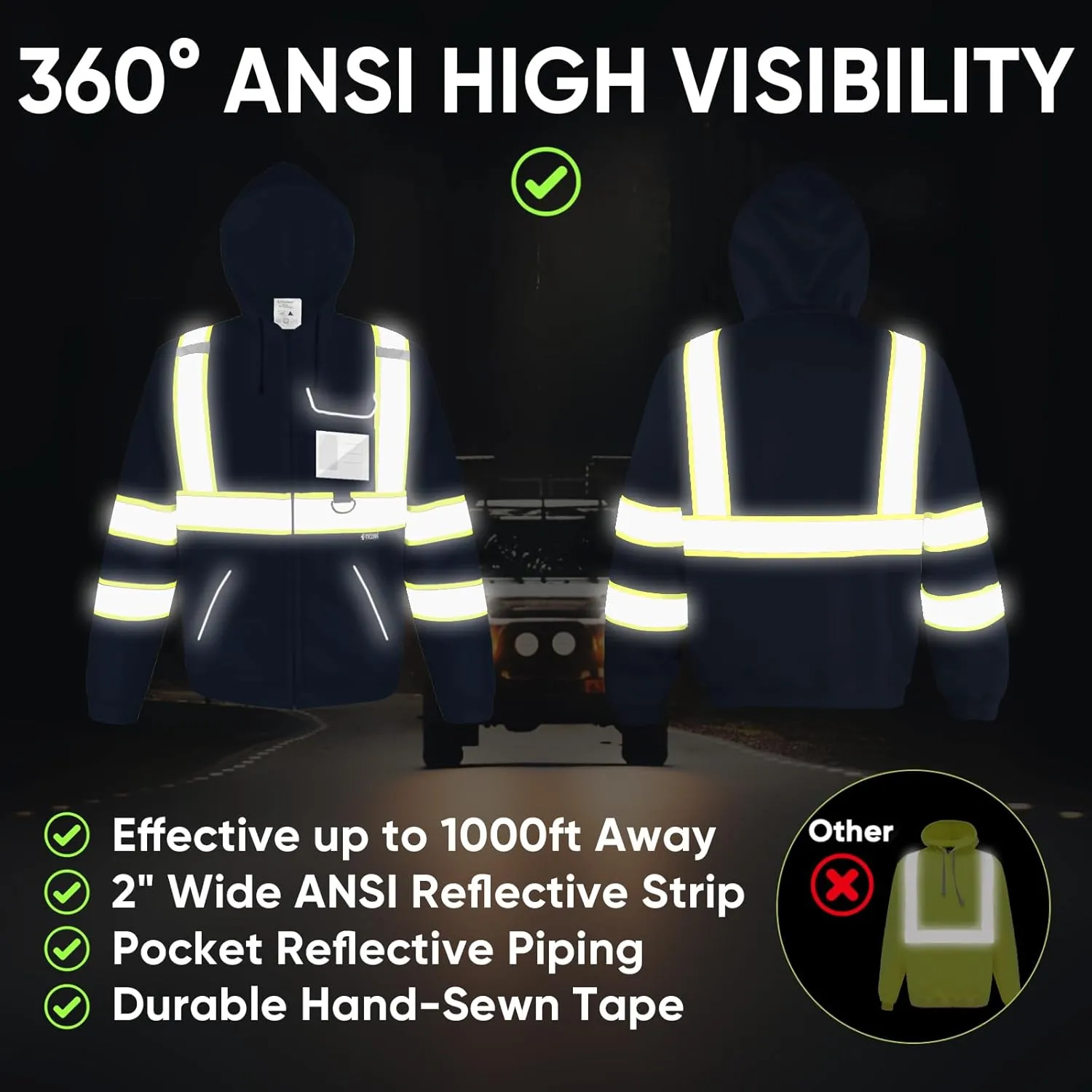 TICONN Safety Hoodie Jacket, High Vis Reflective Safety Fleece Hoodie, PPE Gear for Cold Weather Meet ANSI III