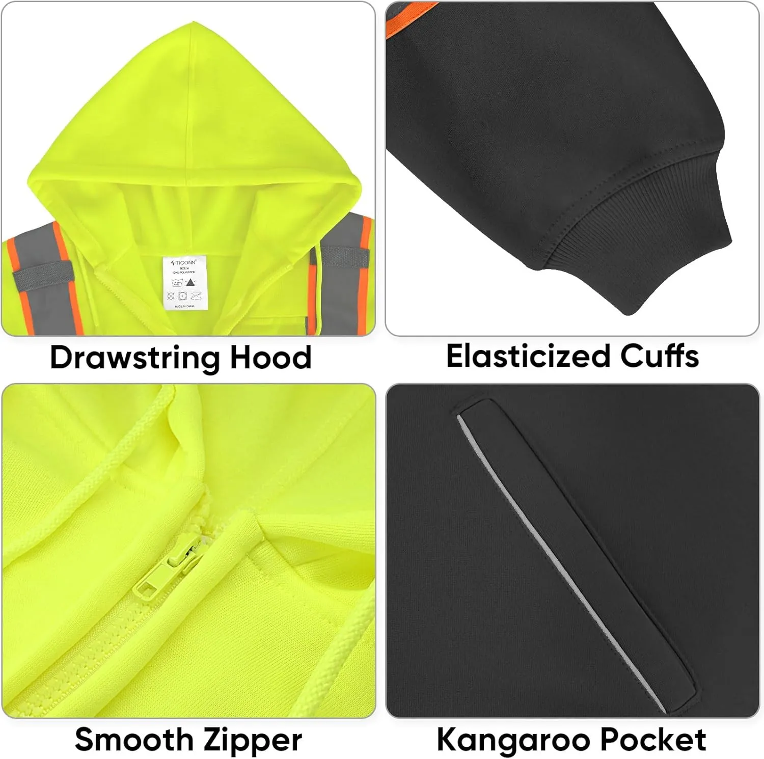 TICONN Safety Hoodie Jacket, High Vis Reflective Safety Fleece Hoodie, PPE Gear for Cold Weather Meet ANSI III