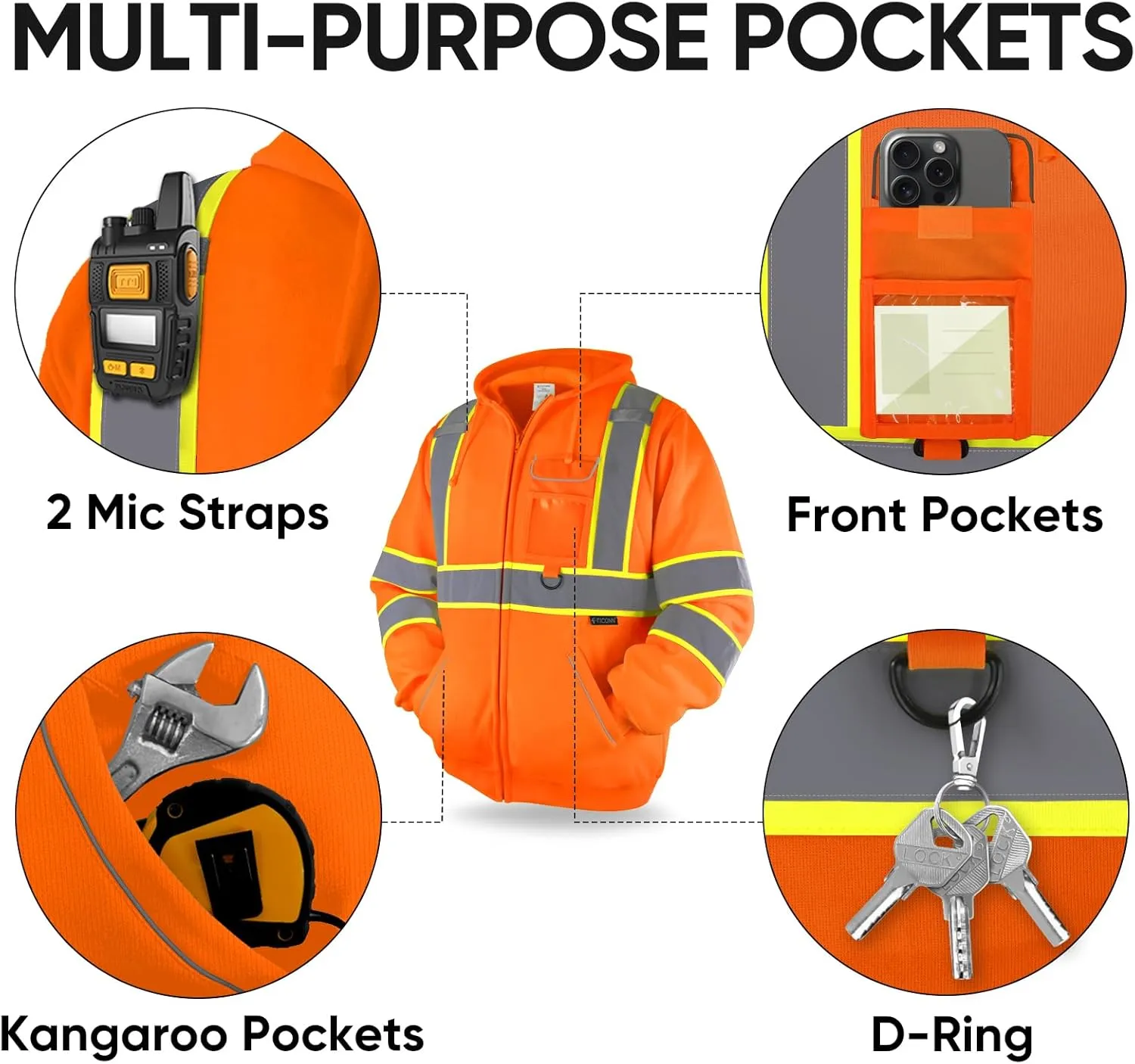 TICONN Safety Hoodie Jacket, High Vis Reflective Safety Fleece Hoodie, PPE Gear for Cold Weather Meet ANSI III