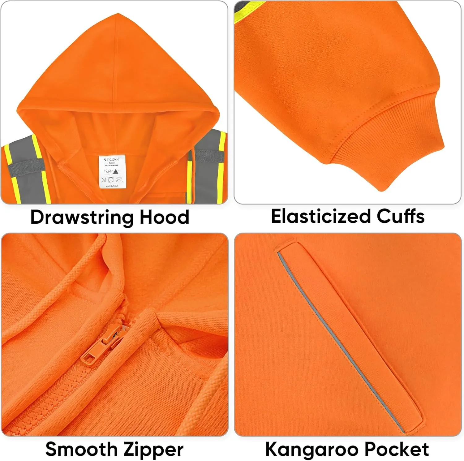 TICONN Safety Hoodie Jacket, High Vis Reflective Safety Fleece Hoodie, PPE Gear for Cold Weather Meet ANSI III