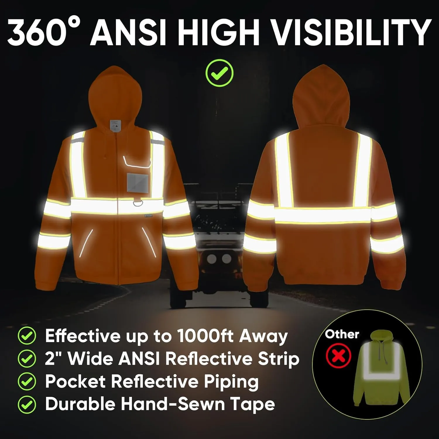 TICONN Safety Hoodie Jacket, High Vis Reflective Safety Fleece Hoodie, PPE Gear for Cold Weather Meet ANSI III