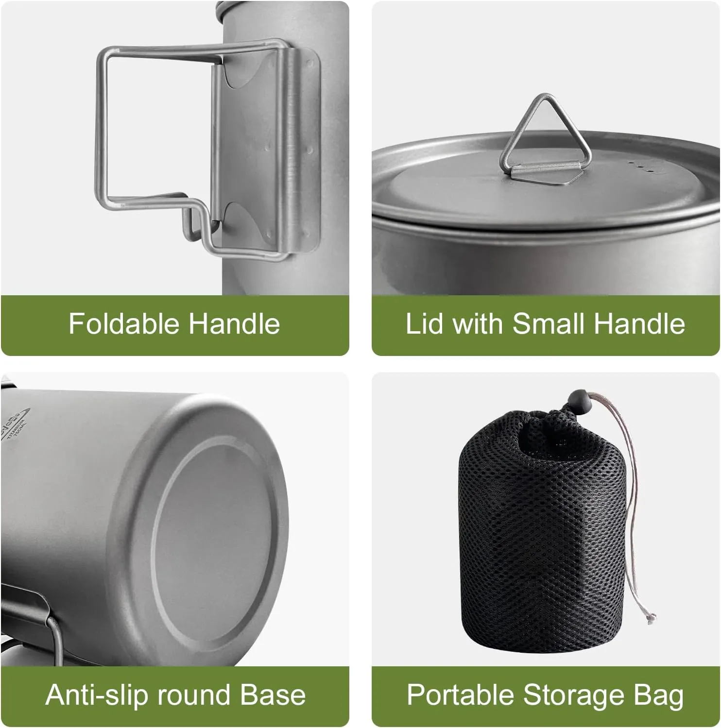 Titanium Pot with Lid, Lightweight Camping Pot with Foldable Handles, Portable Titanium Cooking Pot, Backpacking Pot Titanium Cookware with Carry Bag