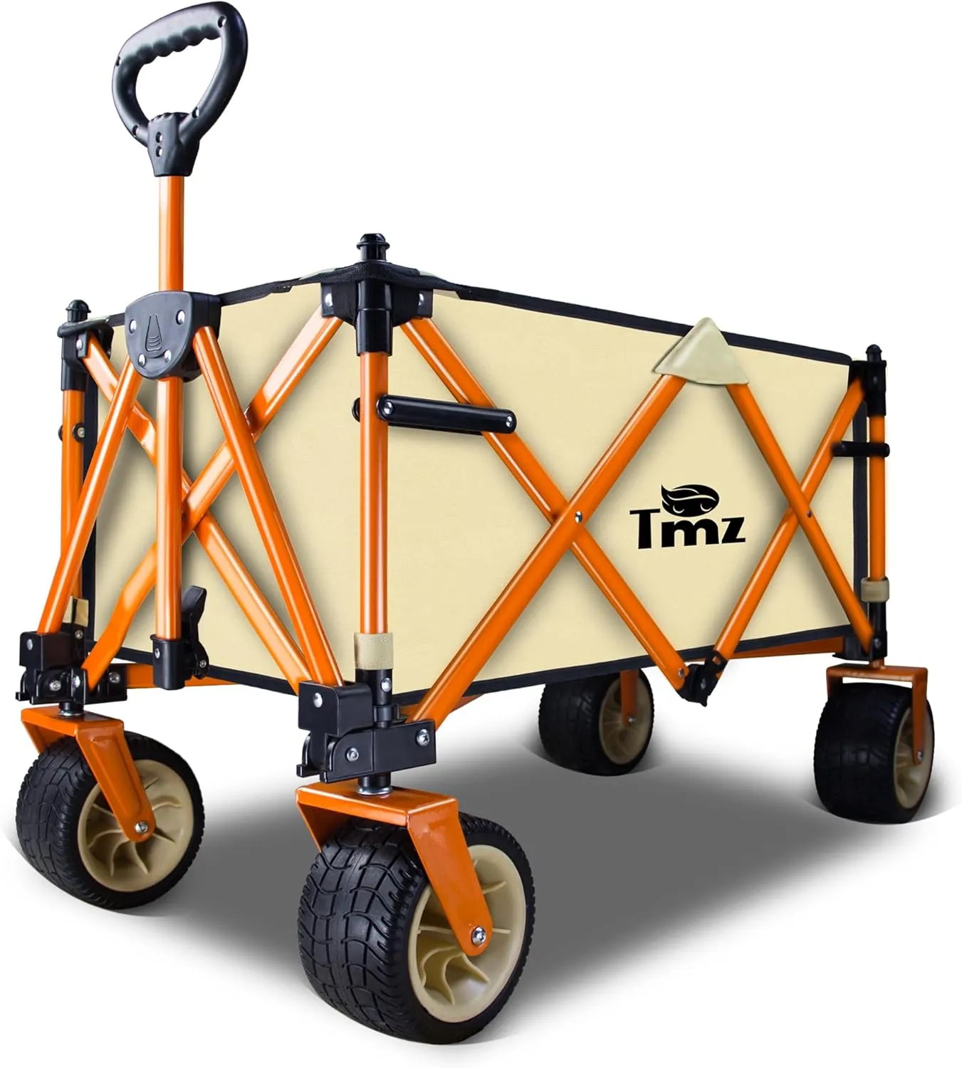 TMZ Collapsible Folding Wagon Cart, Outdoor Utility Garden Cart, Heavy Duty Camping Wagon with Big Wheels, Foldable Wagon for Sports, Shopping, Fishing and Beach-Beige