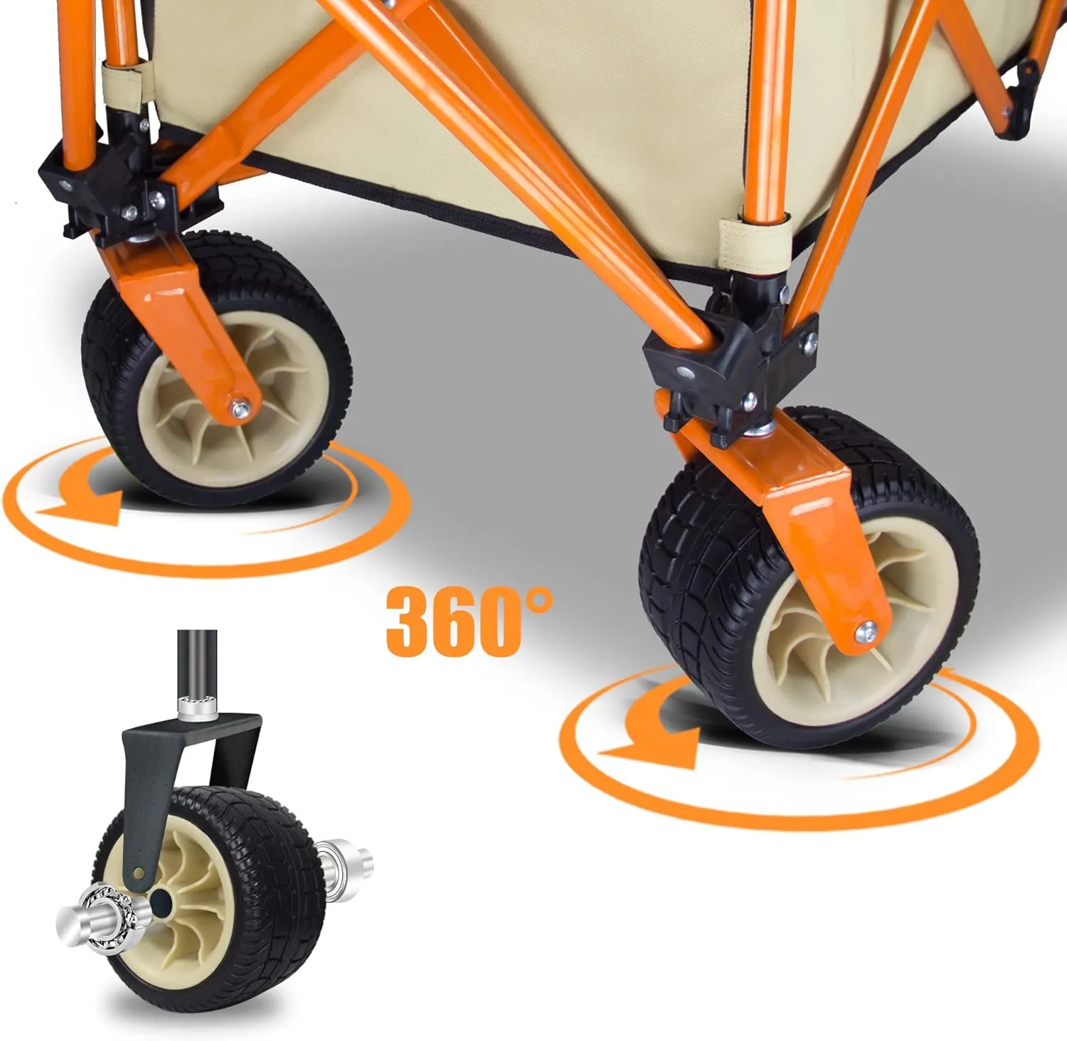 TMZ Collapsible Folding Wagon Cart, Outdoor Utility Garden Cart, Heavy Duty Camping Wagon with Big Wheels, Foldable Wagon for Sports, Shopping, Fishing and Beach-Beige
