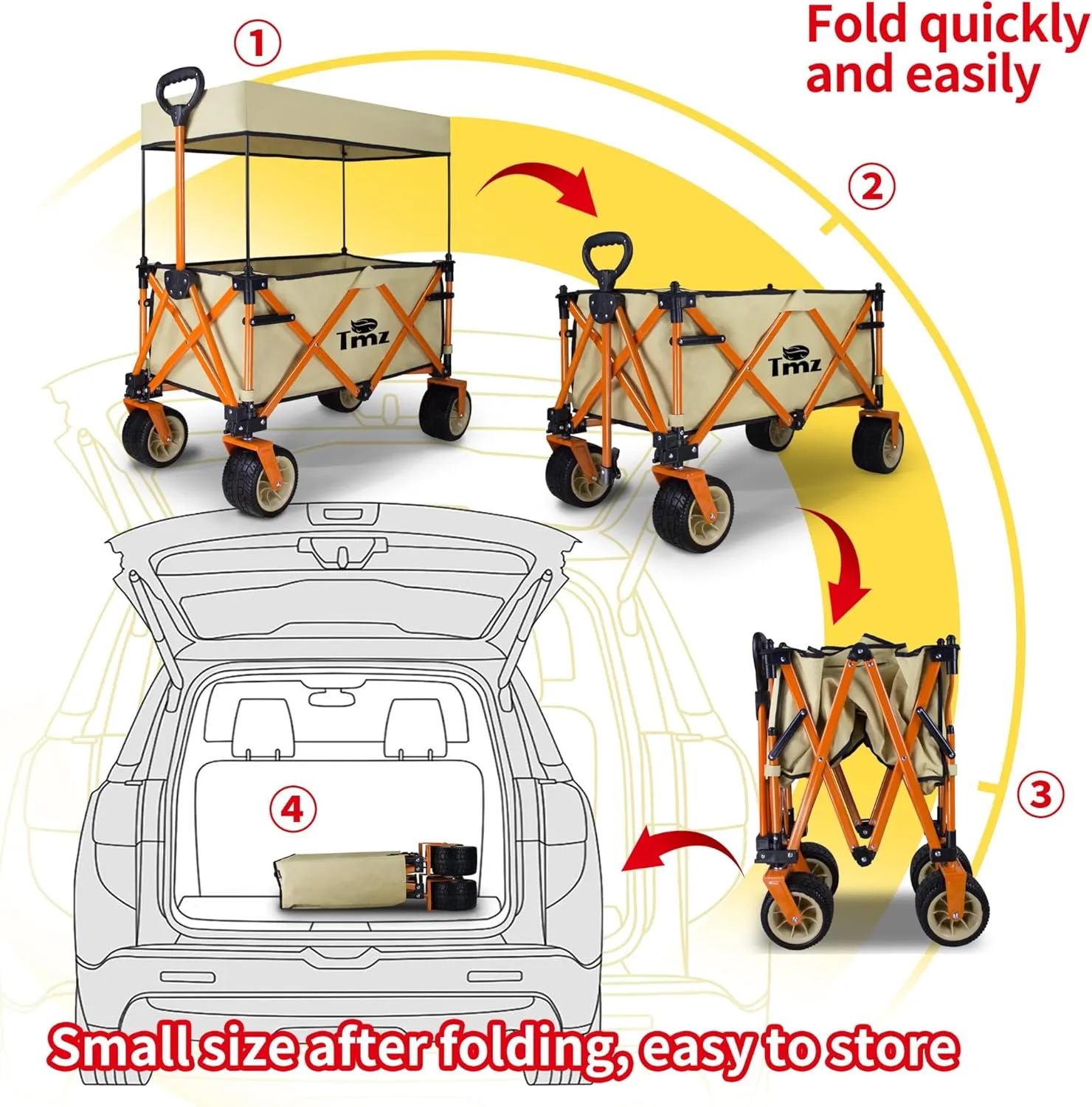 TMZ Collapsible Folding Wagon Cart, Outdoor Utility Garden Cart, Heavy Duty Camping Wagon with Big Wheels, Foldable Wagon for Sports, Shopping, Fishing and Beach-Beige