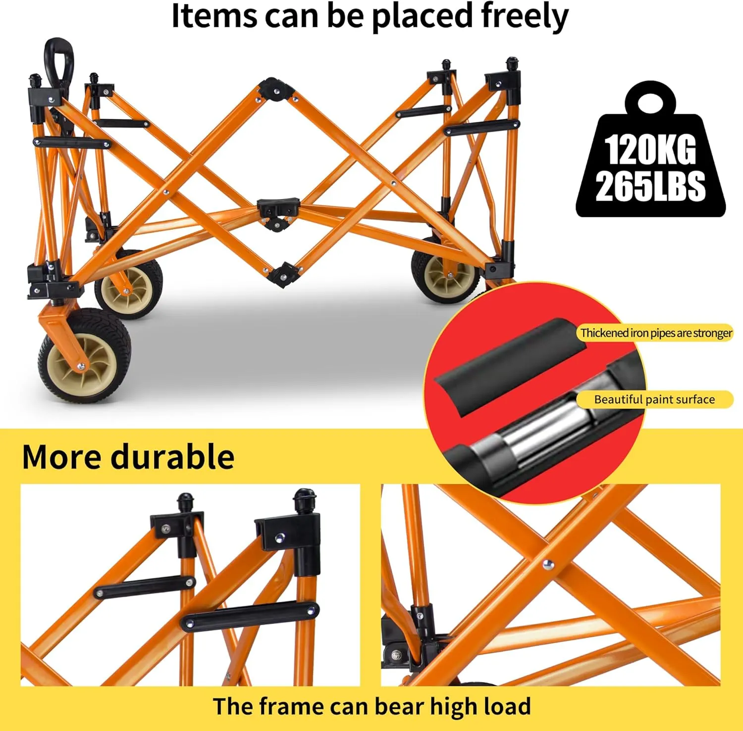 TMZ Collapsible Folding Wagon Cart, Outdoor Utility Garden Cart, Heavy Duty Camping Wagon with Big Wheels, Foldable Wagon for Sports, Shopping, Fishing and Beach-Beige