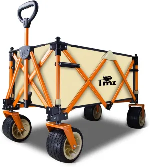 TMZ Collapsible Folding Wagon Cart, Outdoor Utility Garden Cart, Heavy Duty Camping Wagon with Big Wheels, Foldable Wagon for Sports, Shopping, Fishing and Beach-Beige
