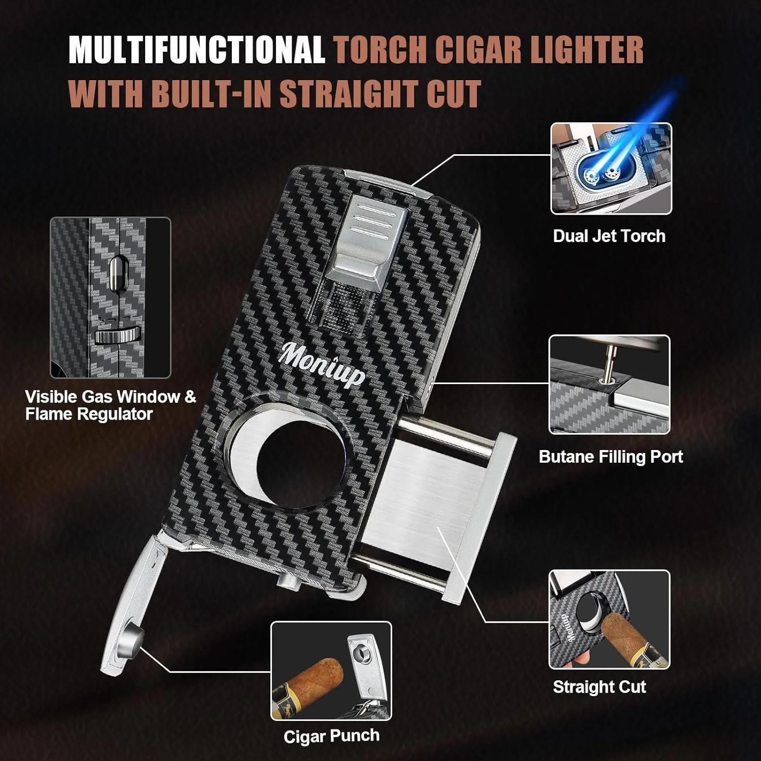 Torch Cigar Lighter with Cigar Cutter, Cigar Punch, Dual Jet Flame, All-in-one Lighter with Multifunctional Cigar Accessories for Gift, Refillable Butane Cool Lighters for Smoking, Candle