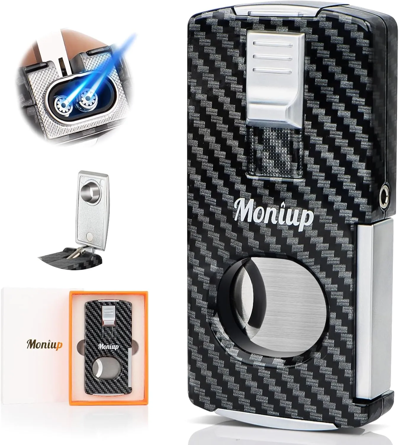 Torch Cigar Lighter with Cigar Cutter, Cigar Punch, Dual Jet Flame, All-in-one Lighter with Multifunctional Cigar Accessories for Gift, Refillable Butane Cool Lighters for Smoking, Candle