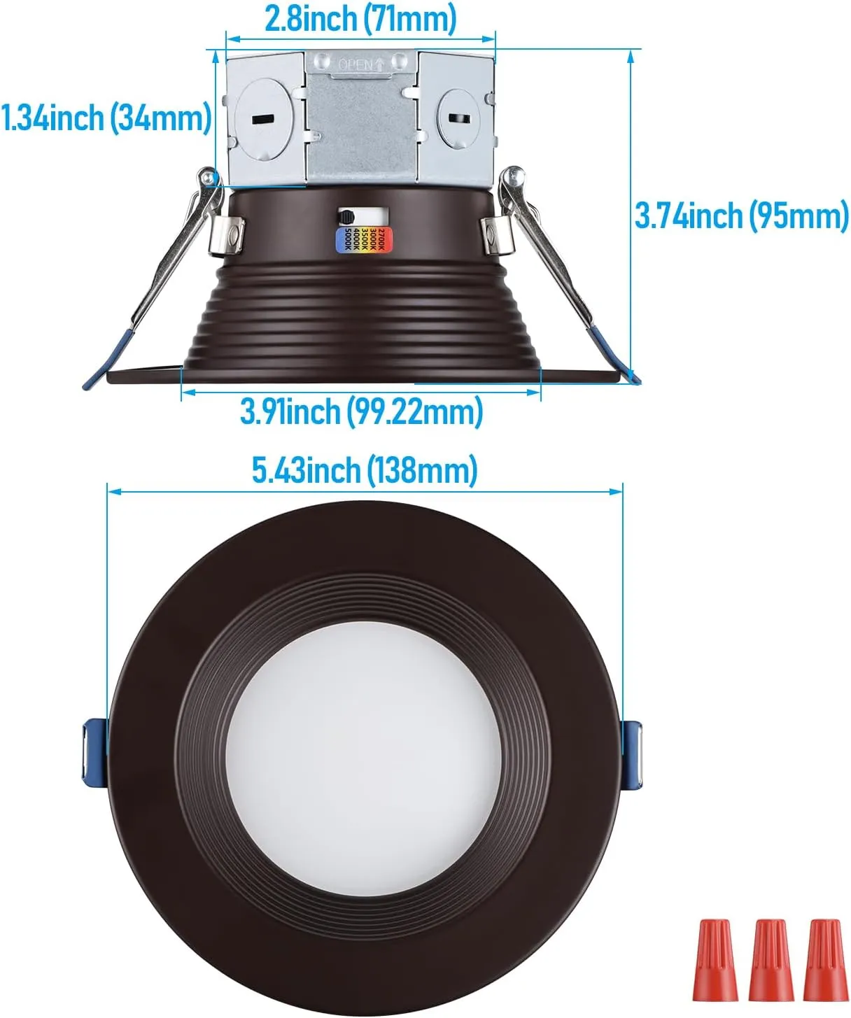 TORCHSTAR 8-Pack 5CCT 4 Inch LED Integrated Canless LED Recessed Lighting with J-Box, Anti-Glare Deep Baffle, CRI90 Dimmable Ceiling Downlight, ETL 2700K3000K3500K4000K5000K, Oil Rubbed Bronze