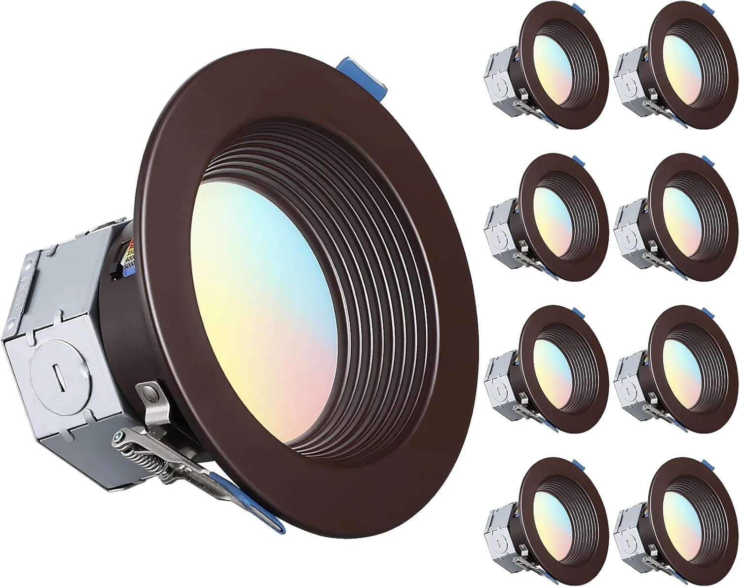 TORCHSTAR 8-Pack 5CCT 4 Inch LED Integrated Canless LED Recessed Lighting with J-Box, Anti-Glare Deep Baffle, CRI90 Dimmable Ceiling Downlight, ETL 2700K3000K3500K4000K5000K, Oil Rubbed Bronze