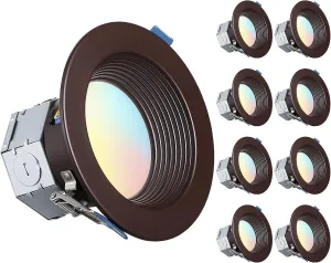 TORCHSTAR 8-Pack 5CCT 4 Inch LED Integrated Canless LED Recessed Lighting with J-Box, Anti-Glare Deep Baffle, CRI90 Dimmable Ceiling Downlight, ETL 2700K3000K3500K4000K5000K, Oil Rubbed Bronze