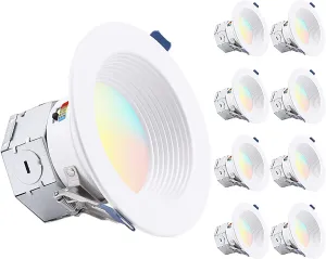 TORCHSTAR 8-Pack 5CCT 4 Inch LED Integrated Canless LED Recessed Lighting with J-Box, Anti-Glare Deep Baffle, CRI90 Dimmable Ceiling Downlight, ETL Air Tight IC Rated, 2700K3000K3500K4000K5000K