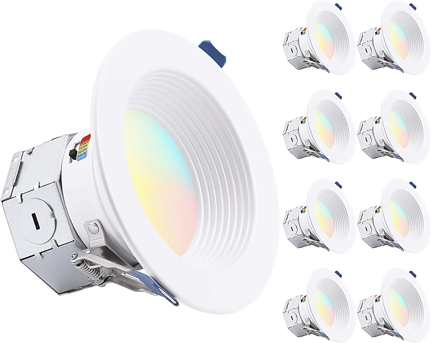 TORCHSTAR 8-Pack 5CCT 4 Inch LED Integrated Canless LED Recessed Lighting with J-Box, Anti-Glare Deep Baffle, CRI90 Dimmable Ceiling Downlight, ETL Air Tight IC Rated, 2700K3000K3500K4000K5000K