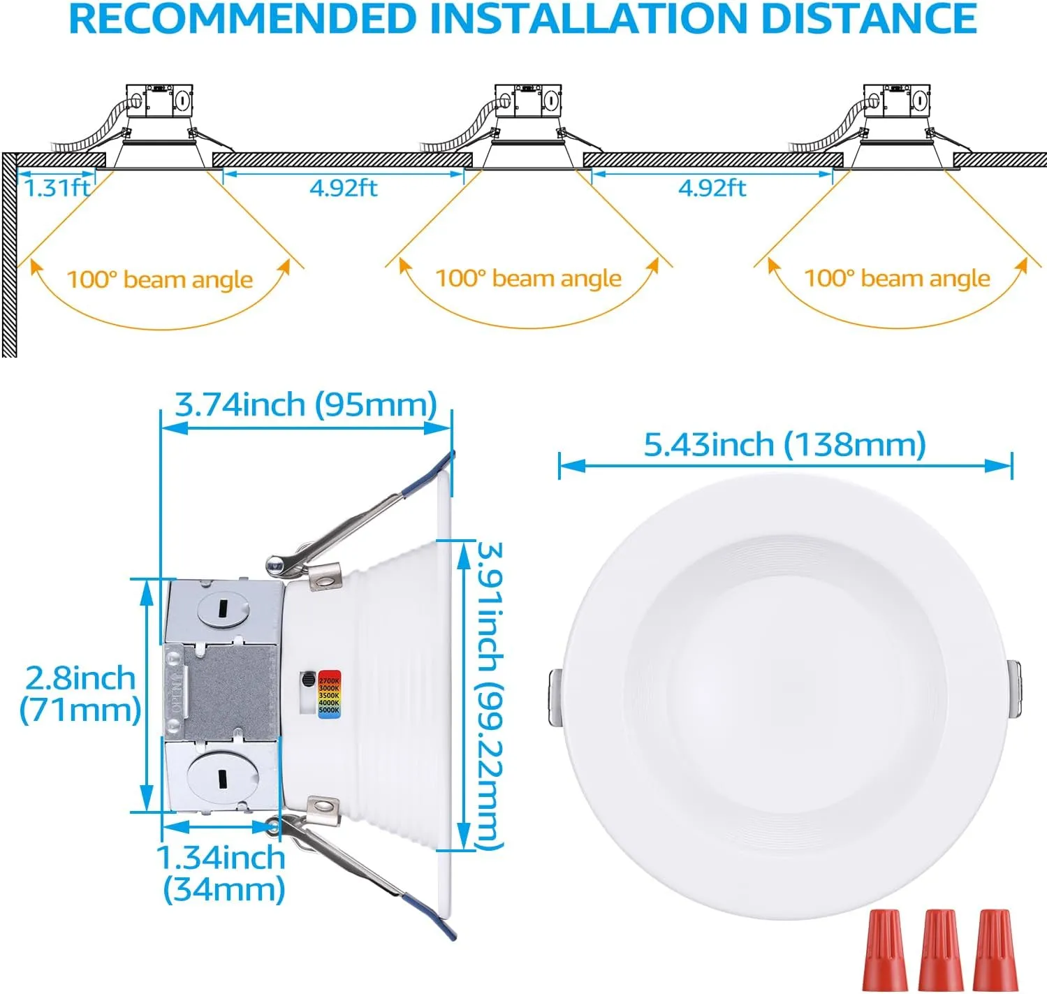 TORCHSTAR 8-Pack 5CCT 4 Inch LED Integrated Canless LED Recessed Lighting with J-Box, Anti-Glare Deep Baffle, CRI90 Dimmable Ceiling Downlight, ETL Air Tight IC Rated, 2700K3000K3500K4000K5000K