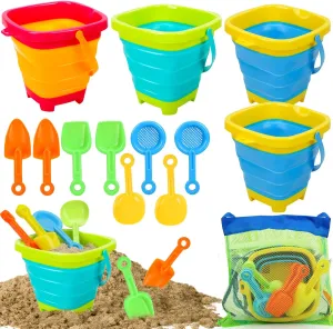 TOY Life Collapsible Beach Toys for Kids with 4 Silicone Collapsible Sand Buckets & 8 Shovels & Mesh Bag, Travel Beach Essentials for Kids Sand Toys Toddlers, Sandbox Toys for Boys Girls Ages 3-5 4-8