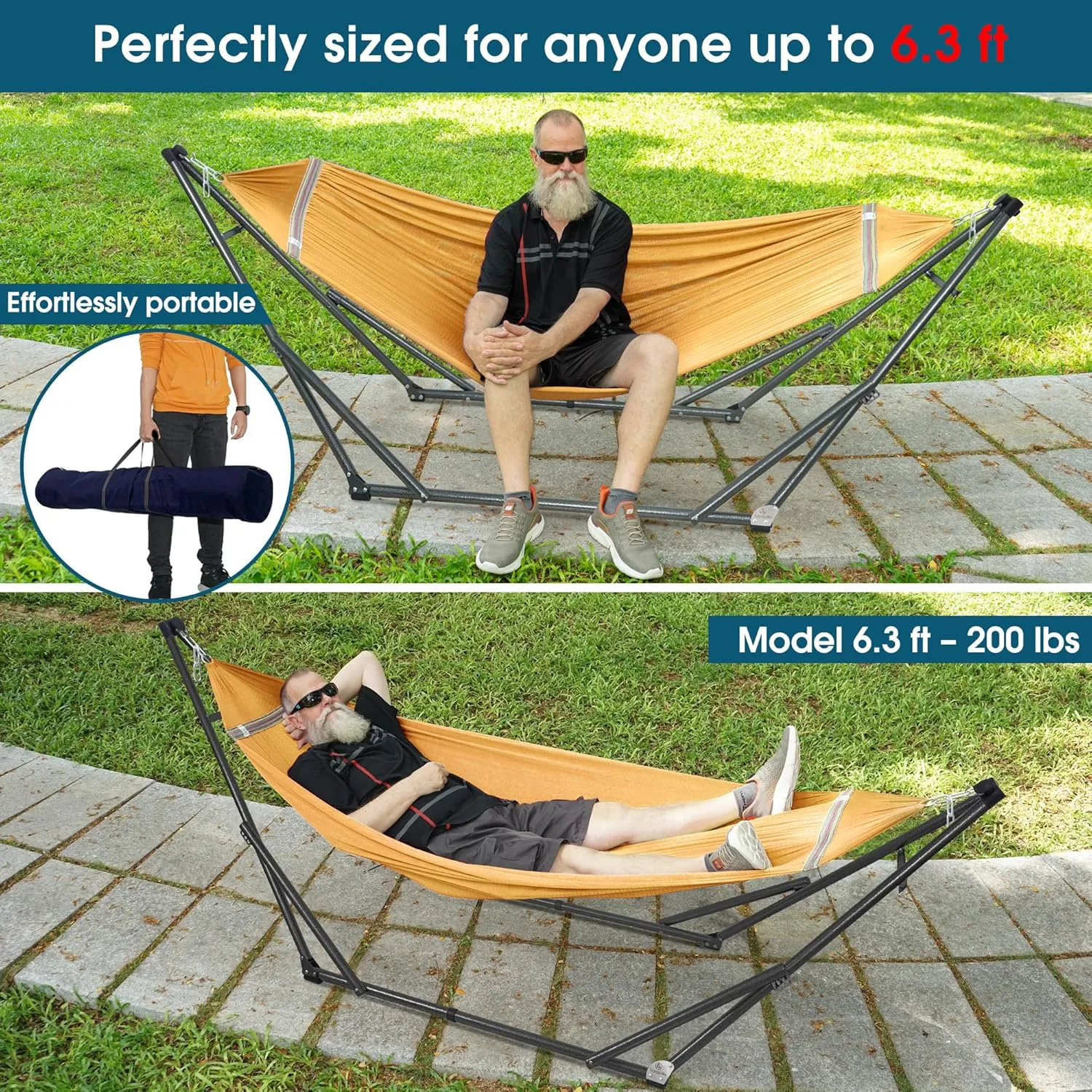 Tranquillo Adjustable Hammock Stand 2 Persons, Portable Hammock with Stand Collapsible – Lounge, Yard, Porch, Hammock Net with Carry Bag, Yellow