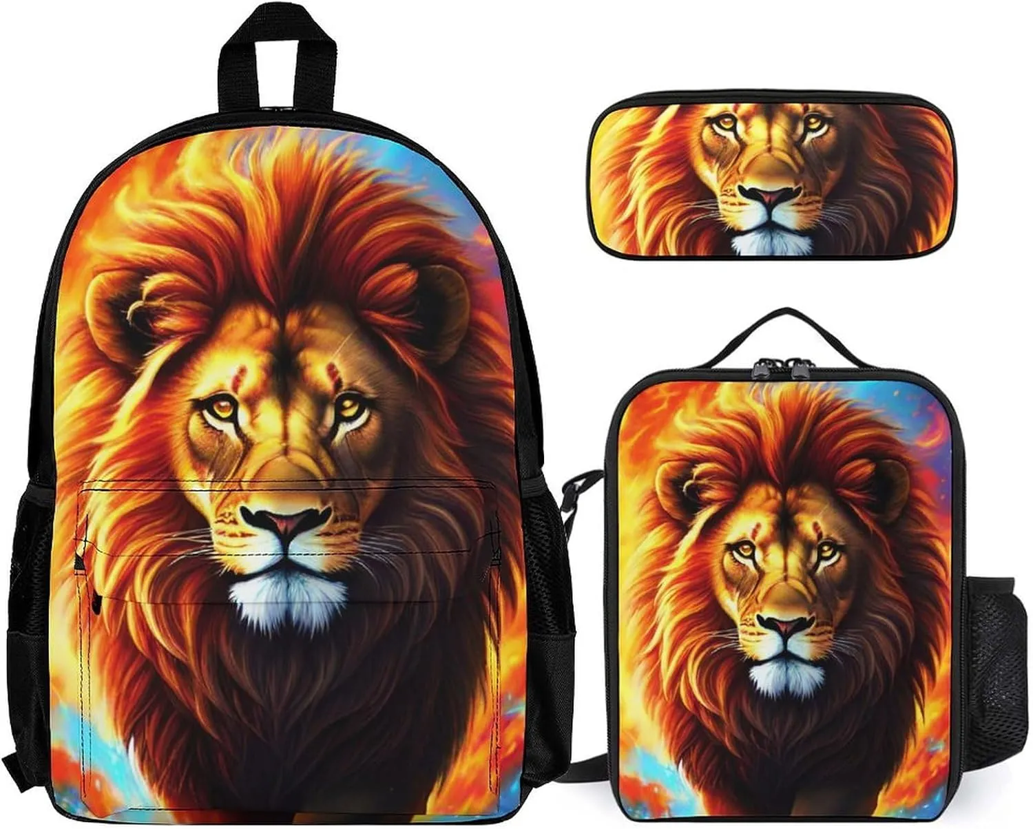 Travel Hiking Bag & Day Pack Gym Outdoor Hiking Bag Big Capacity Backpack Cool Lion In The Universe Surreal Style Art 3 Piece College Daypack for Men Women Adults
