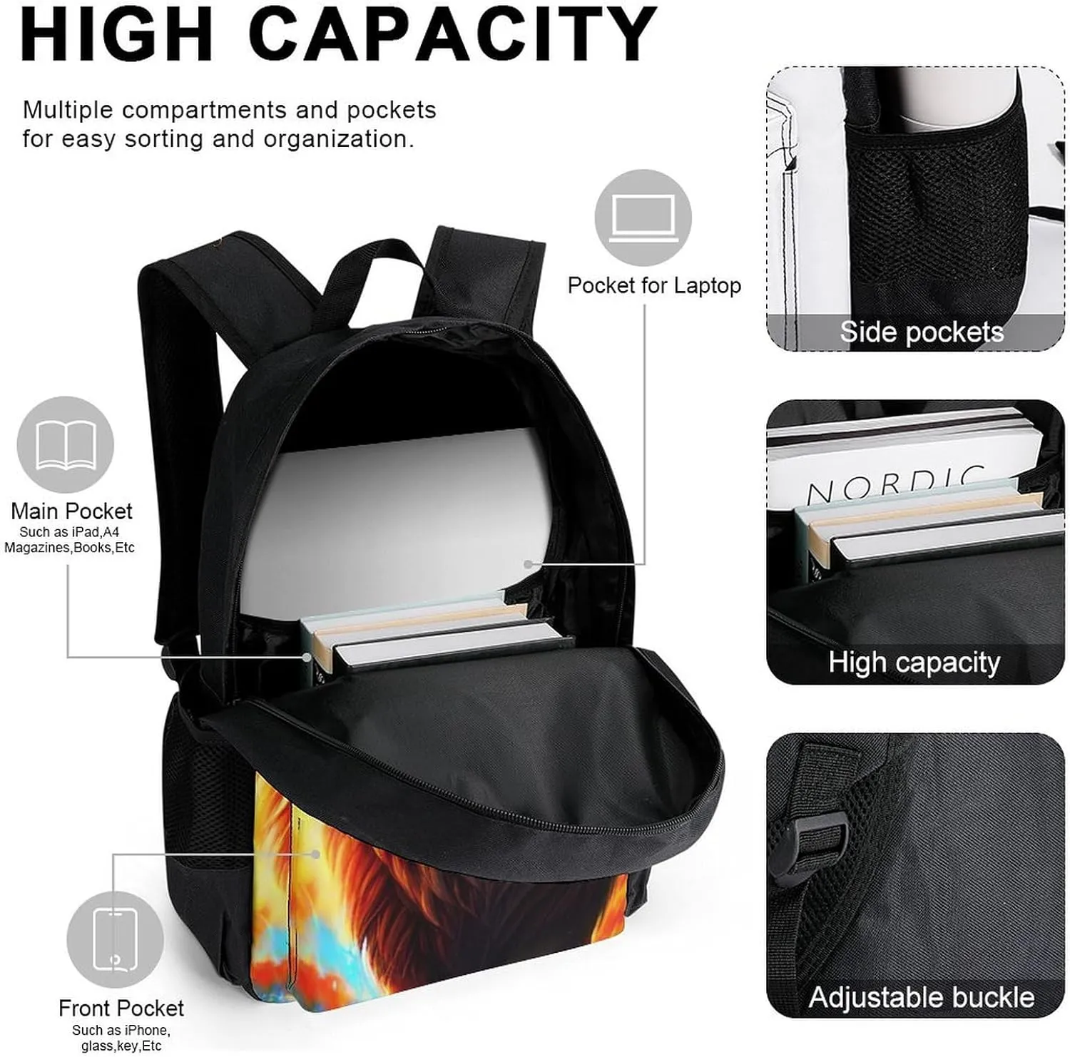 Travel Hiking Bag & Day Pack Gym Outdoor Hiking Bag Big Capacity Backpack Cool Lion In The Universe Surreal Style Art 3 Piece College Daypack for Men Women Adults