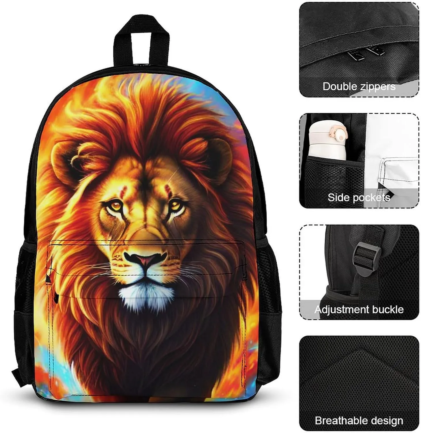 Travel Hiking Bag & Day Pack Gym Outdoor Hiking Bag Big Capacity Backpack Cool Lion In The Universe Surreal Style Art 3 Piece College Daypack for Men Women Adults