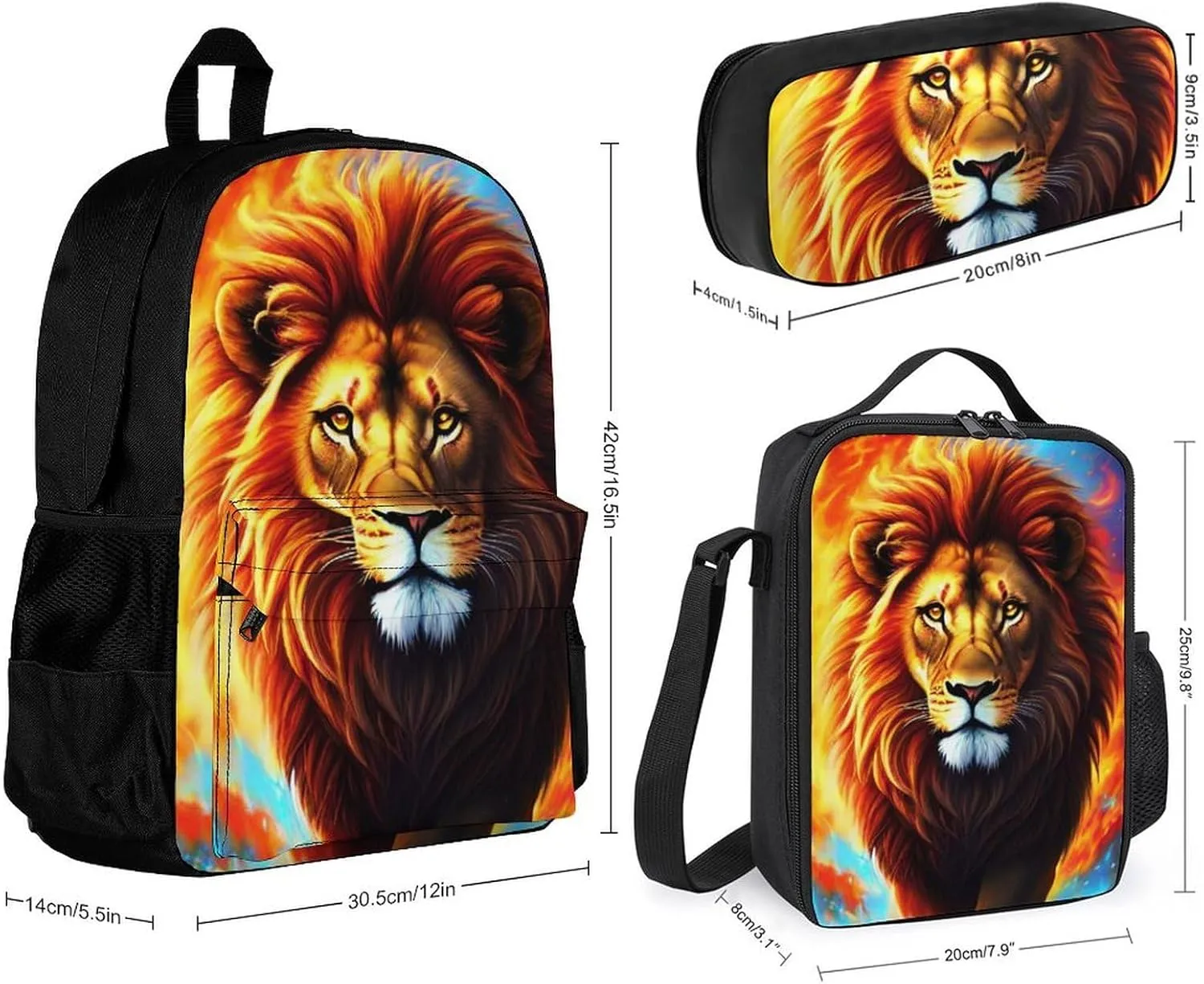 Travel Hiking Bag & Day Pack Gym Outdoor Hiking Bag Big Capacity Backpack Cool Lion In The Universe Surreal Style Art 3 Piece College Daypack for Men Women Adults
