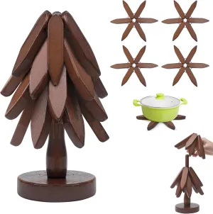 Tree Coasters Set of 4, Natural Wooden Trivets Collapsible Folding Shaped Pad Stackable Holders Aid Trivot Treevet Stand for Hot Dishes Bowl Pans Mixing Teapot Plate Kitchen Home Restaurant Christmas