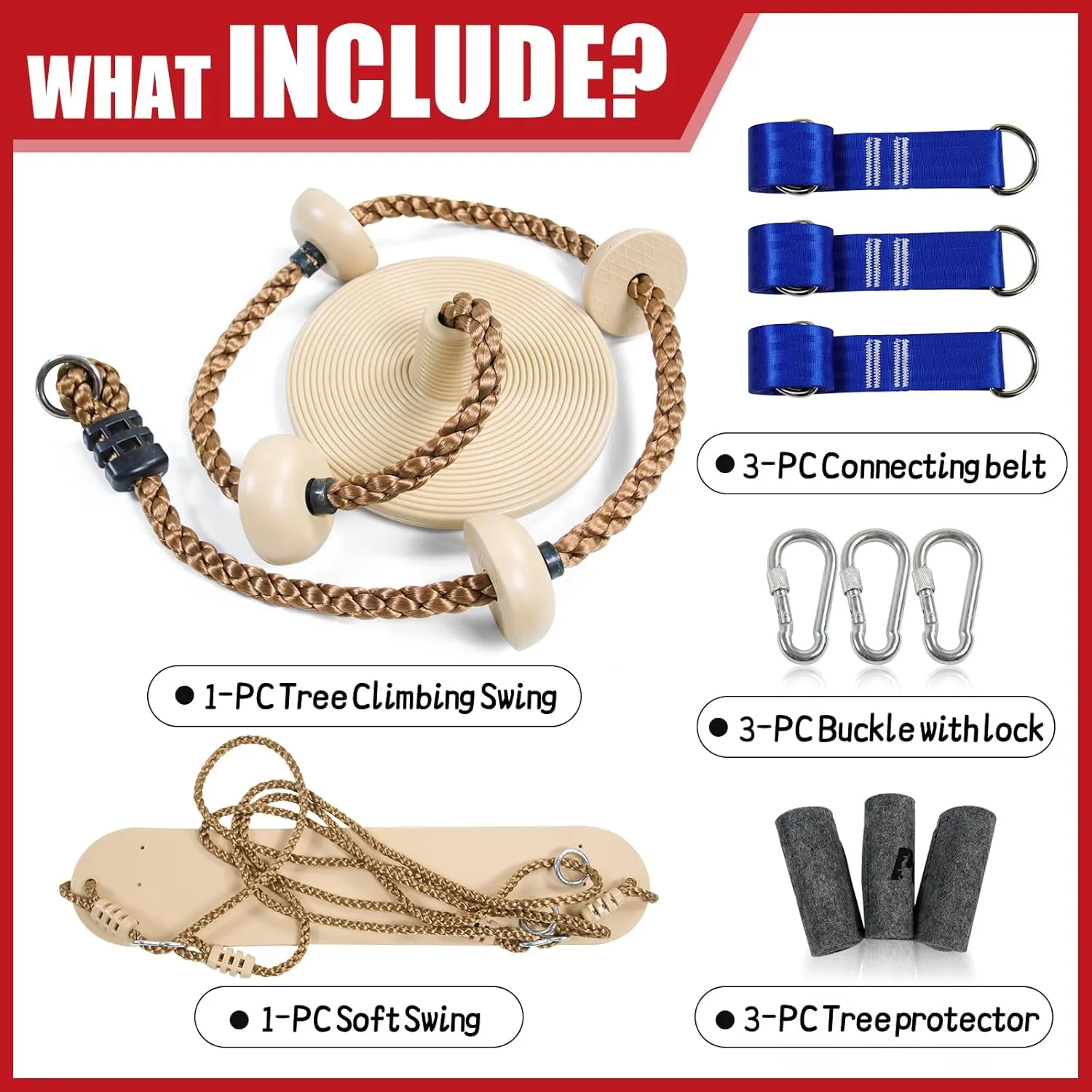 Tree Swing Climbing Rope 2 Pack Multicolor with Platforms Red Disc Swings Seat - Outdoor Playground Set Accessories Tree House Flying Saucer Outside Toys - Bonus Carabiner and 4 Feet Strap (Khaki)