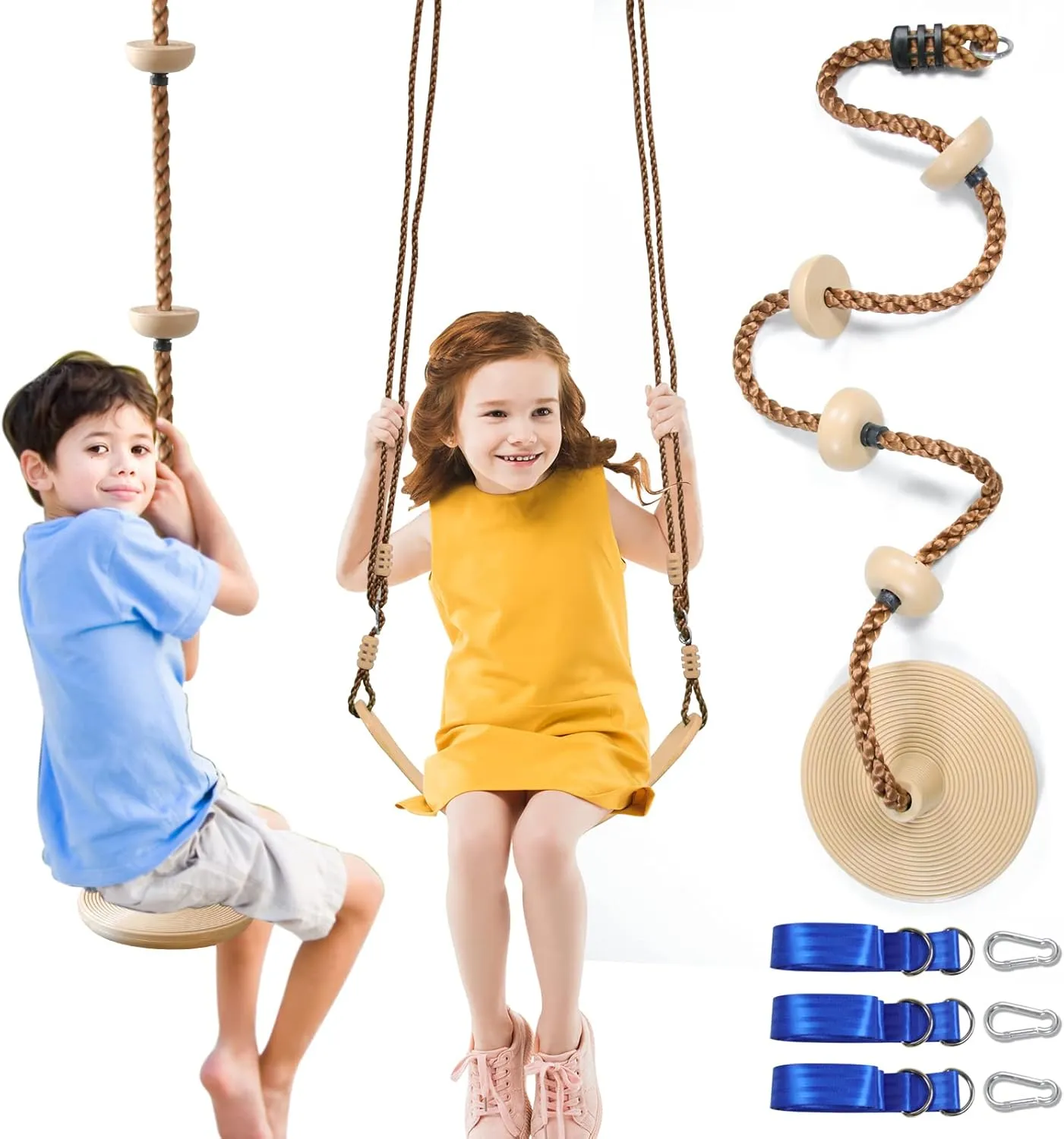 Tree Swing Climbing Rope 2 Pack Multicolor with Platforms Red Disc Swings Seat - Outdoor Playground Set Accessories Tree House Flying Saucer Outside Toys - Bonus Carabiner and 4 Feet Strap (Khaki)