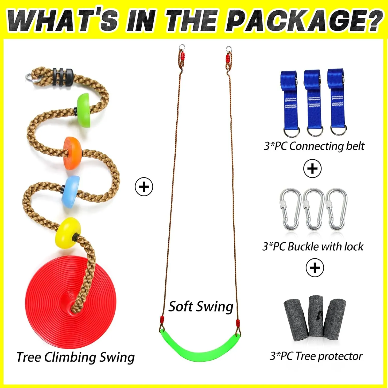 Tree Swing Climbing Rope 2 Pack Multicolor with Platforms Red Disc Swings Seat - Outdoor Playground Set Accessories Tree House Flying Saucer Outside Toys - Bonus Carabiner and 4 Feet Strap