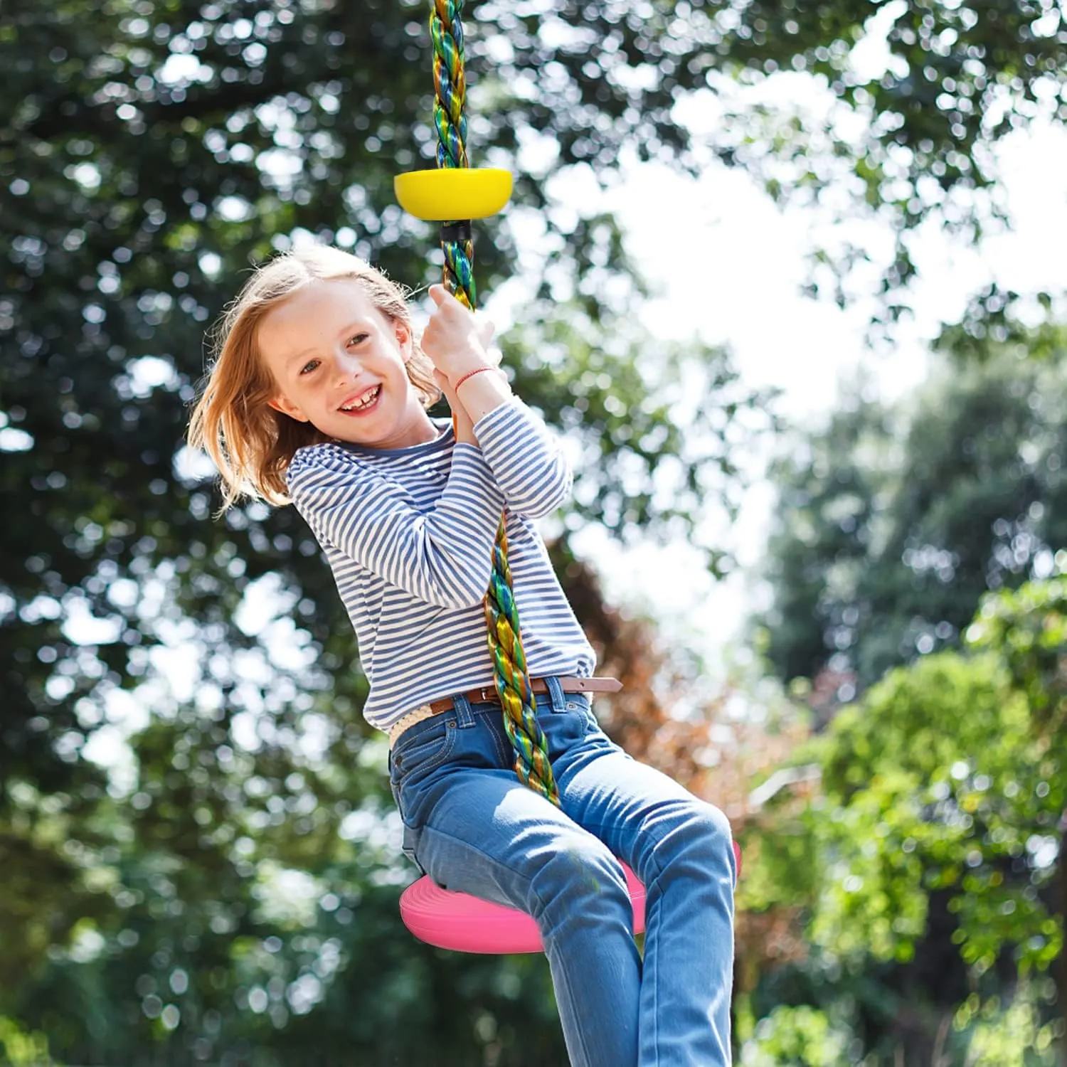 Tree Swing for Kids Backyard Single Disc Rope Climbing Swing Seat for Tree Indoor Outdoor Playground Set Accessories with Thickening 4 Ft Strap-Pink