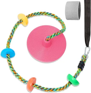 Tree Swing for Kids Backyard Single Disc Rope Climbing Swing Seat for Tree Indoor Outdoor Playground Set Accessories with Thickening 4 Ft Strap-Pink