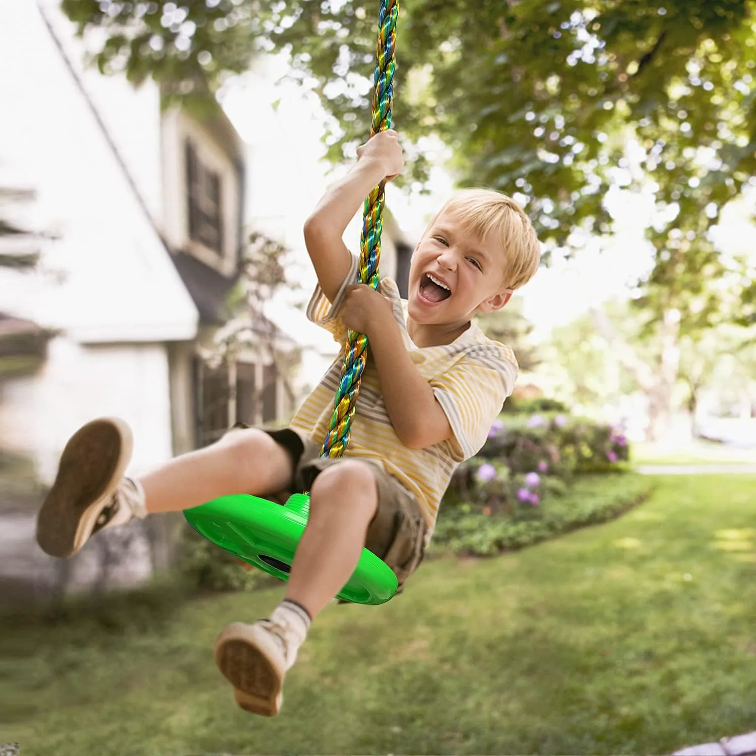 Tree Swing for Kids Backyard Single Disc Rope Climbing Swing Seat for Tree Indoor Outdoor Playground Swing Set Accessories with Thickening 4 Ft Strap-Green