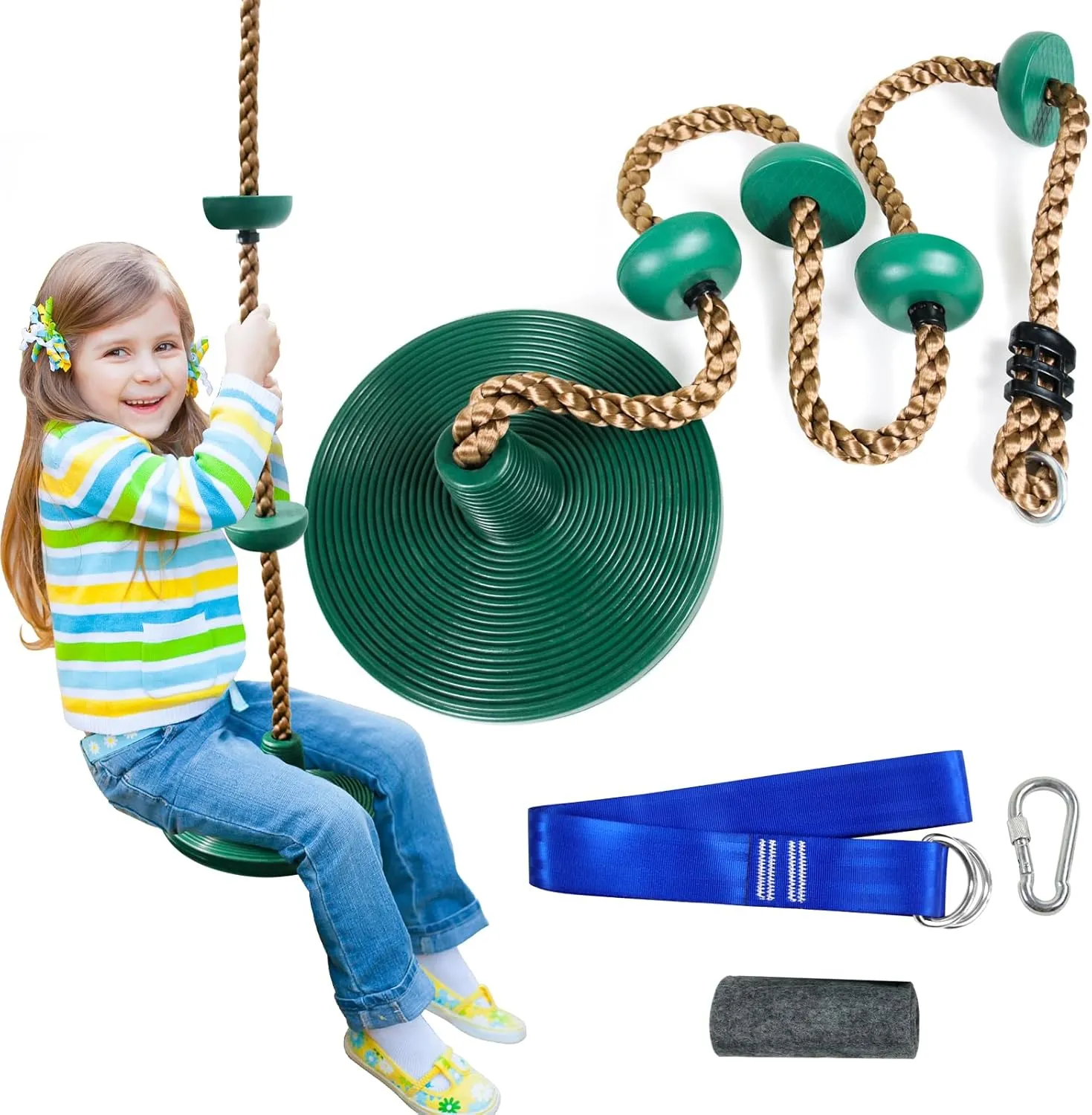 Tree Swing for Kids,Climbing Rope with Platforms,Disc Swing Seat Set Outdoor Playground Accessories for Kids-Include Carabiner, 4ft Tree Strap and Tree Protector
