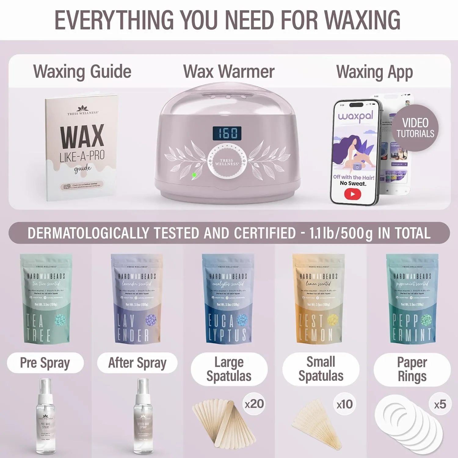 Tress Wellness Waxing Kit for Brazilian Wax - Easy to Use - For Sensitive Skin - Digital Display, Dusty Lilac