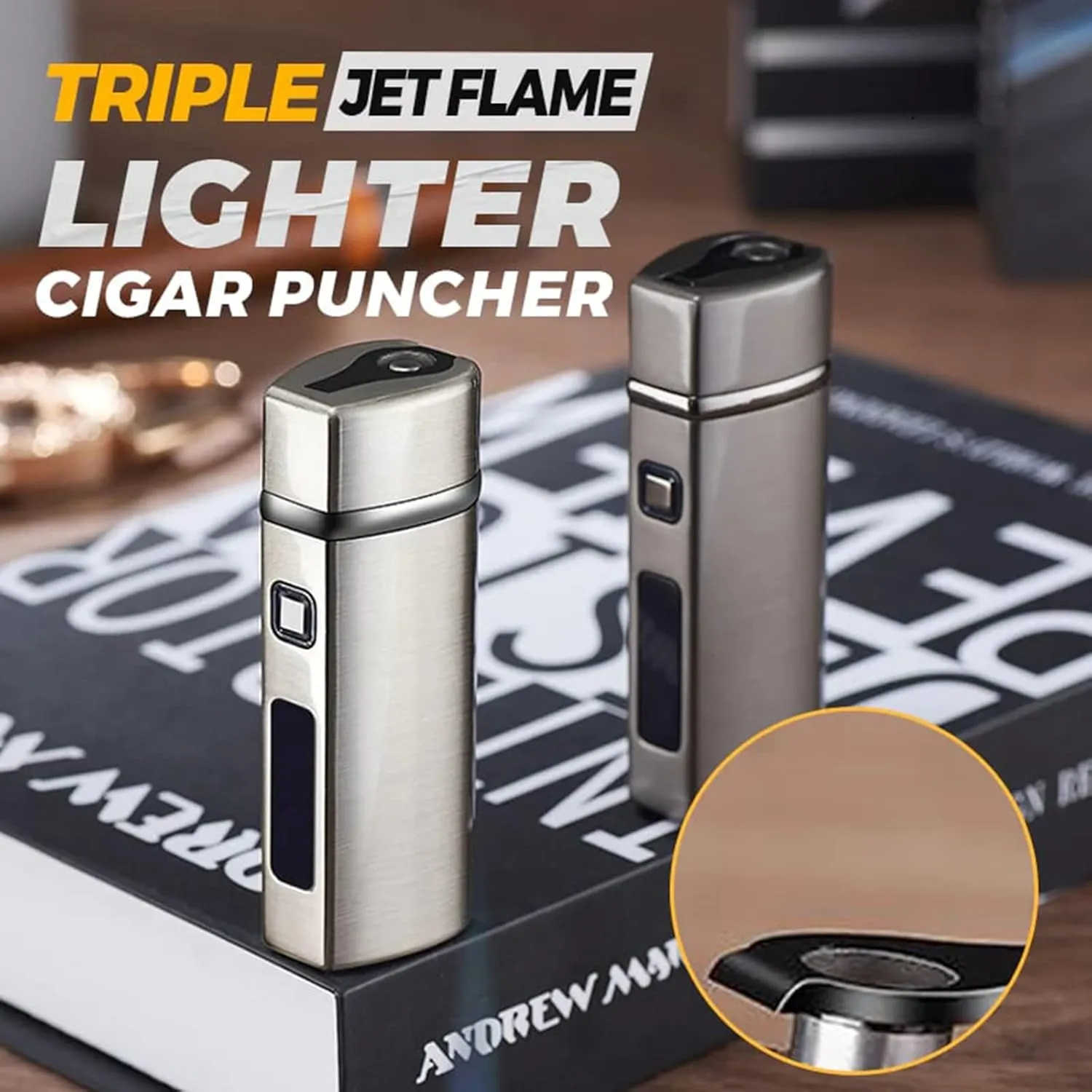 Triple Jet Flame Lighter - USB Electric, Portable, Refillable Butane Lighter - 3 Flame, Windproof - Unique Birthday Gifts for Men, Dad, Husband (Black)