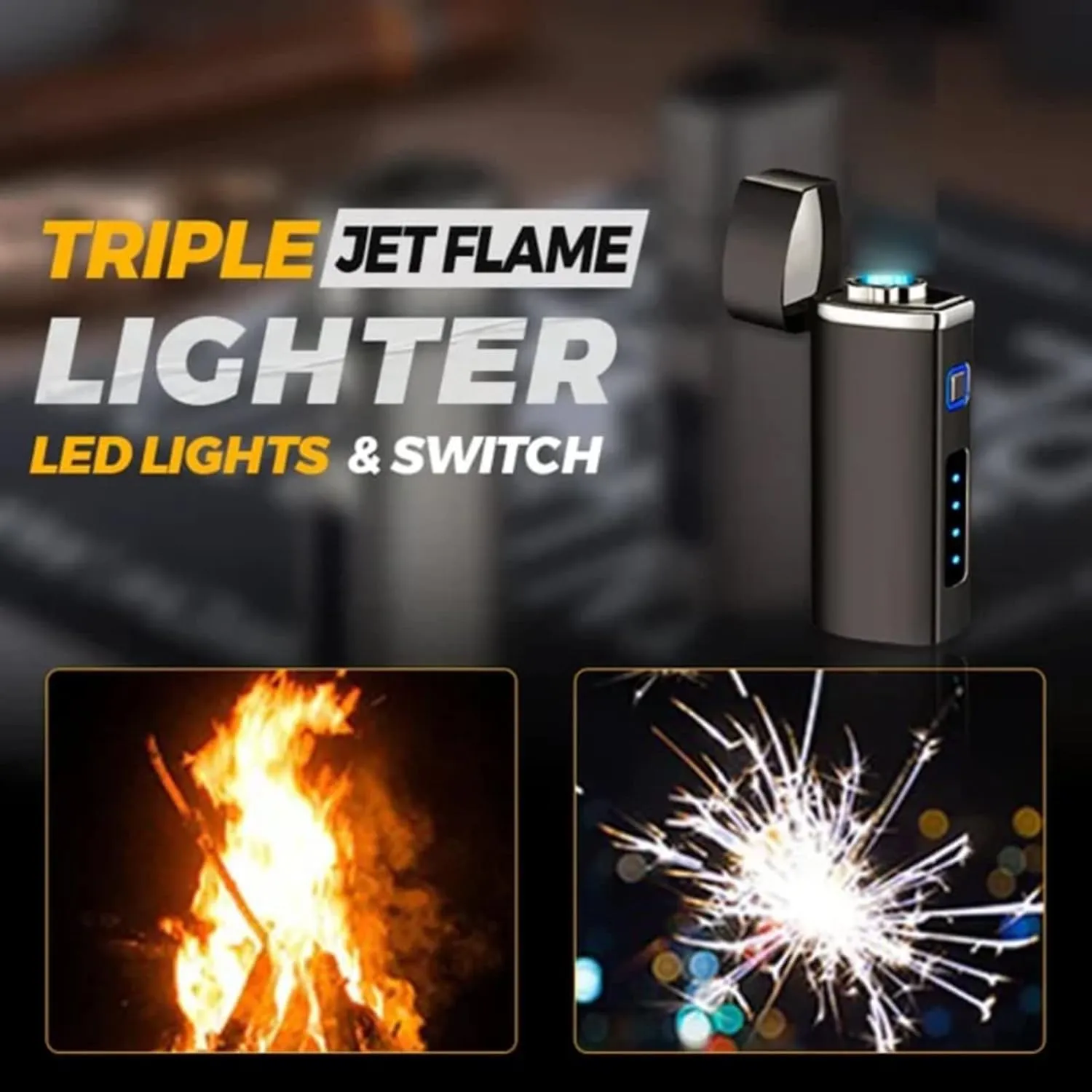 Triple Jet Flame Lighter - USB Electric, Portable, Refillable Butane Lighter - 3 Flame, Windproof - Unique Birthday Gifts for Men, Dad, Husband (Black)