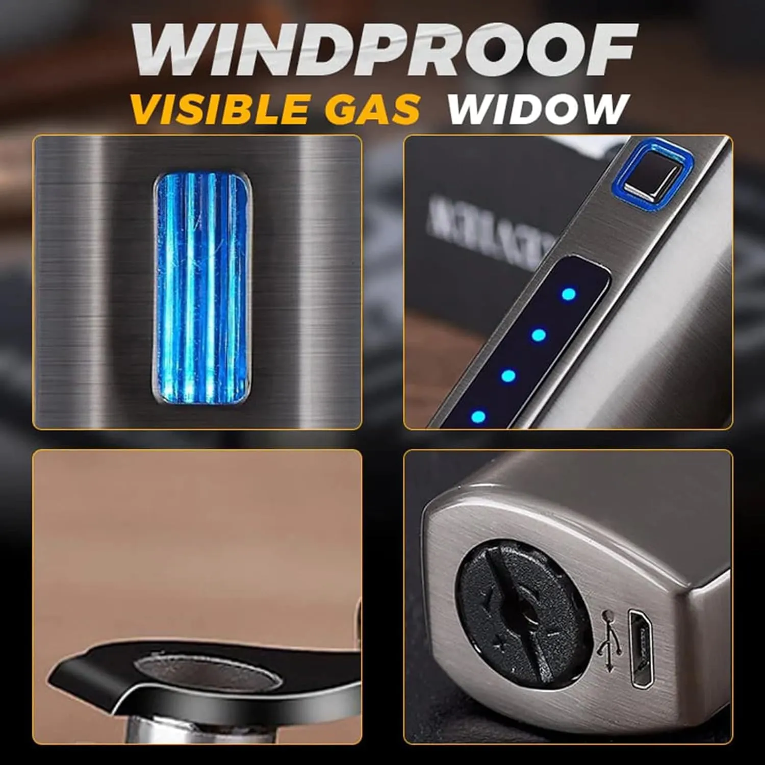 Triple Jet Flame Lighter - USB Electric, Portable, Refillable Butane Lighter - 3 Flame, Windproof - Unique Birthday Gifts for Men, Dad, Husband (Black)