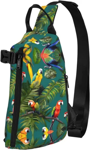 Tropical Plants And Parrots Print Crossbody Backpack Casual Adjustable Bag Multifunctional Sling Backpack