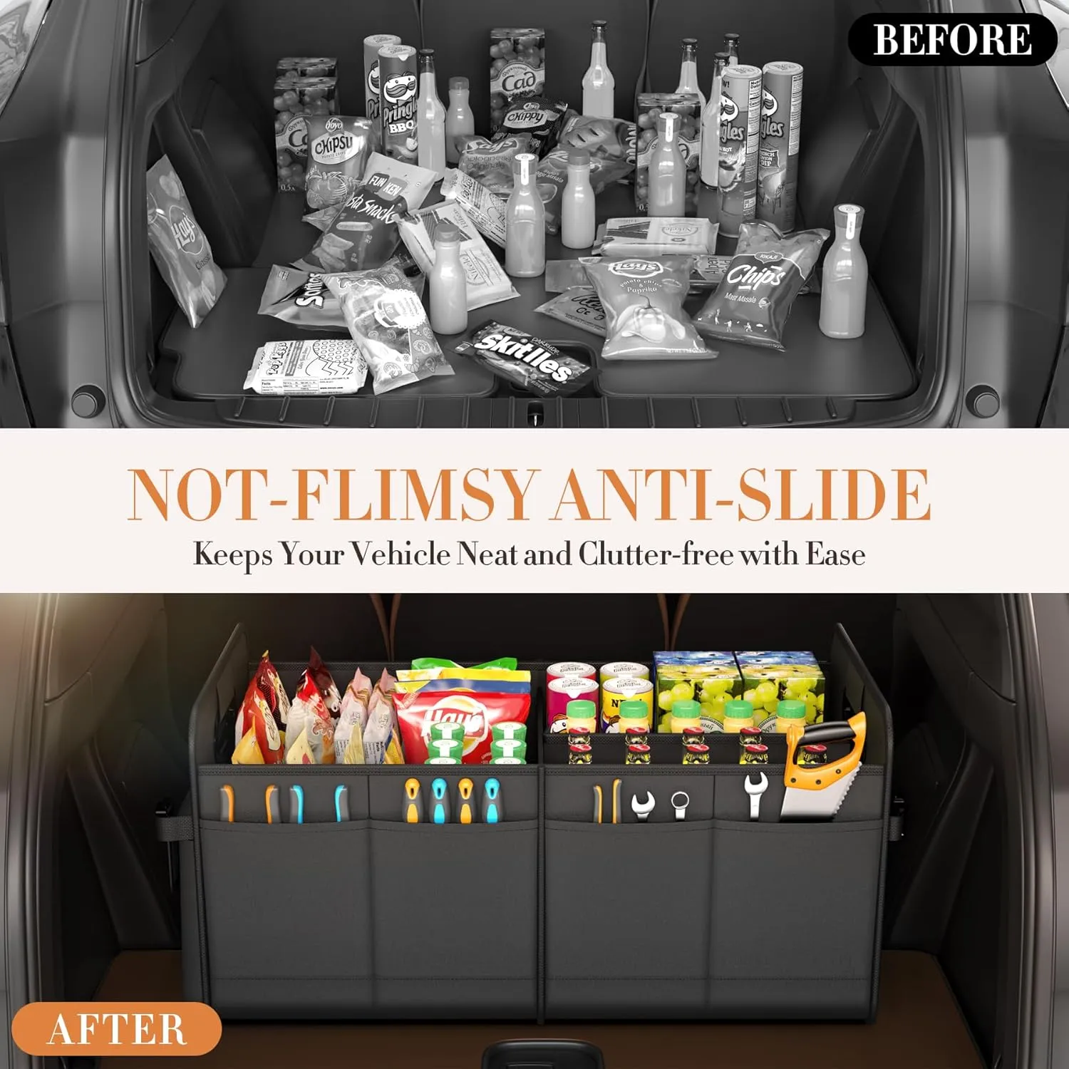 Trunk Organizer SUV, Car Storage Organizer Trunk, NOT-FLIMSY ANTI-SLIDE 75L Spacious Collapsible Sturdy Trunk Organizer for Grocery/Car Accessories/Women Men's Gift, Black-A