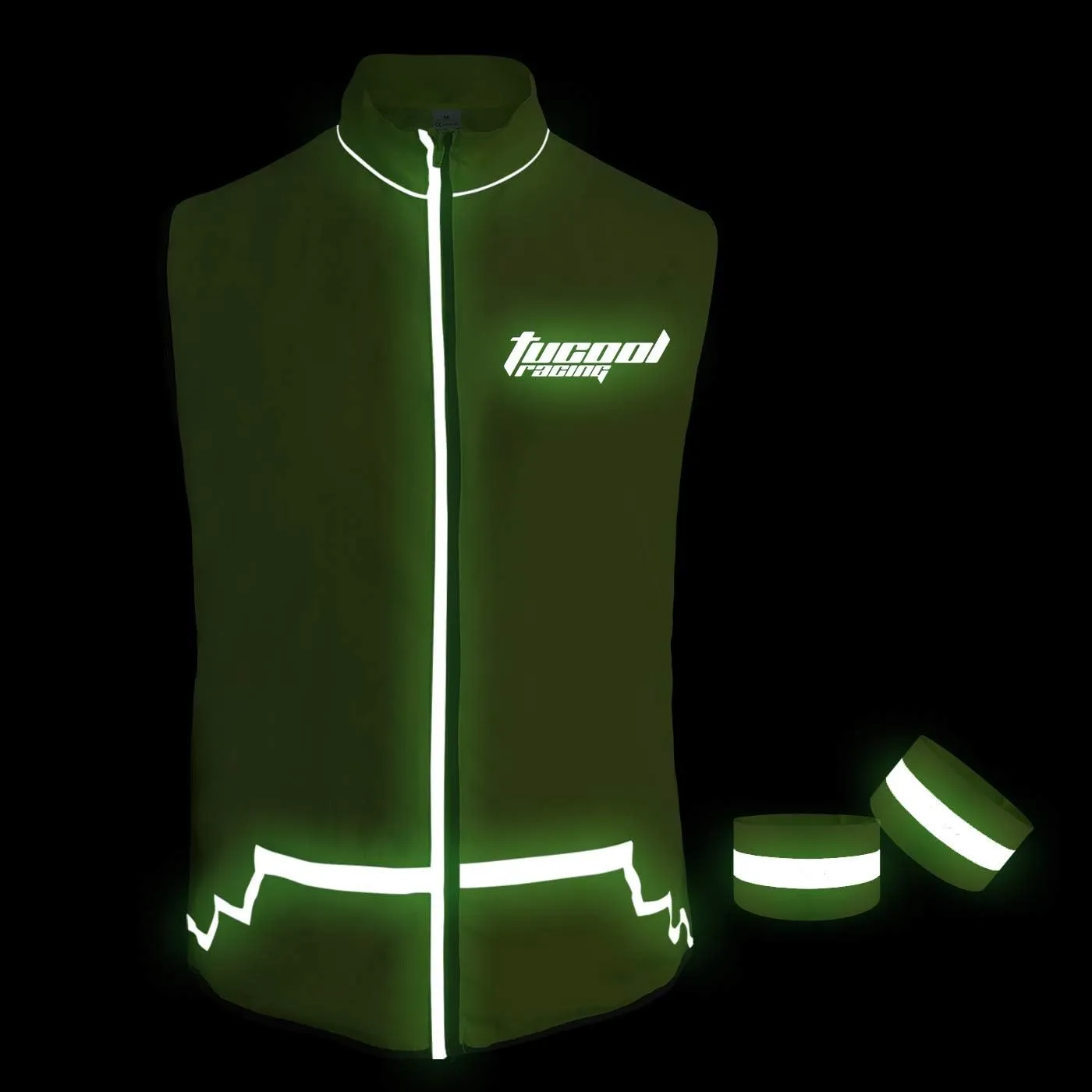 Tucoolracing High Visibility Cycling Vest Reflective Vest for Night Running Jogging Biking Motorcycle with 2 Reflective Safety Bands (Green, XL)
