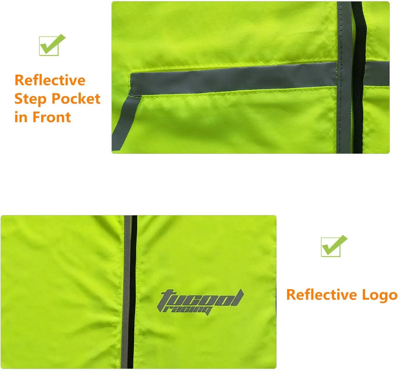 Tucoolracing High Visibility Cycling Vest Reflective Vest for Night Running Jogging Biking Motorcycle with 2 Reflective Safety Bands (Green, XL)