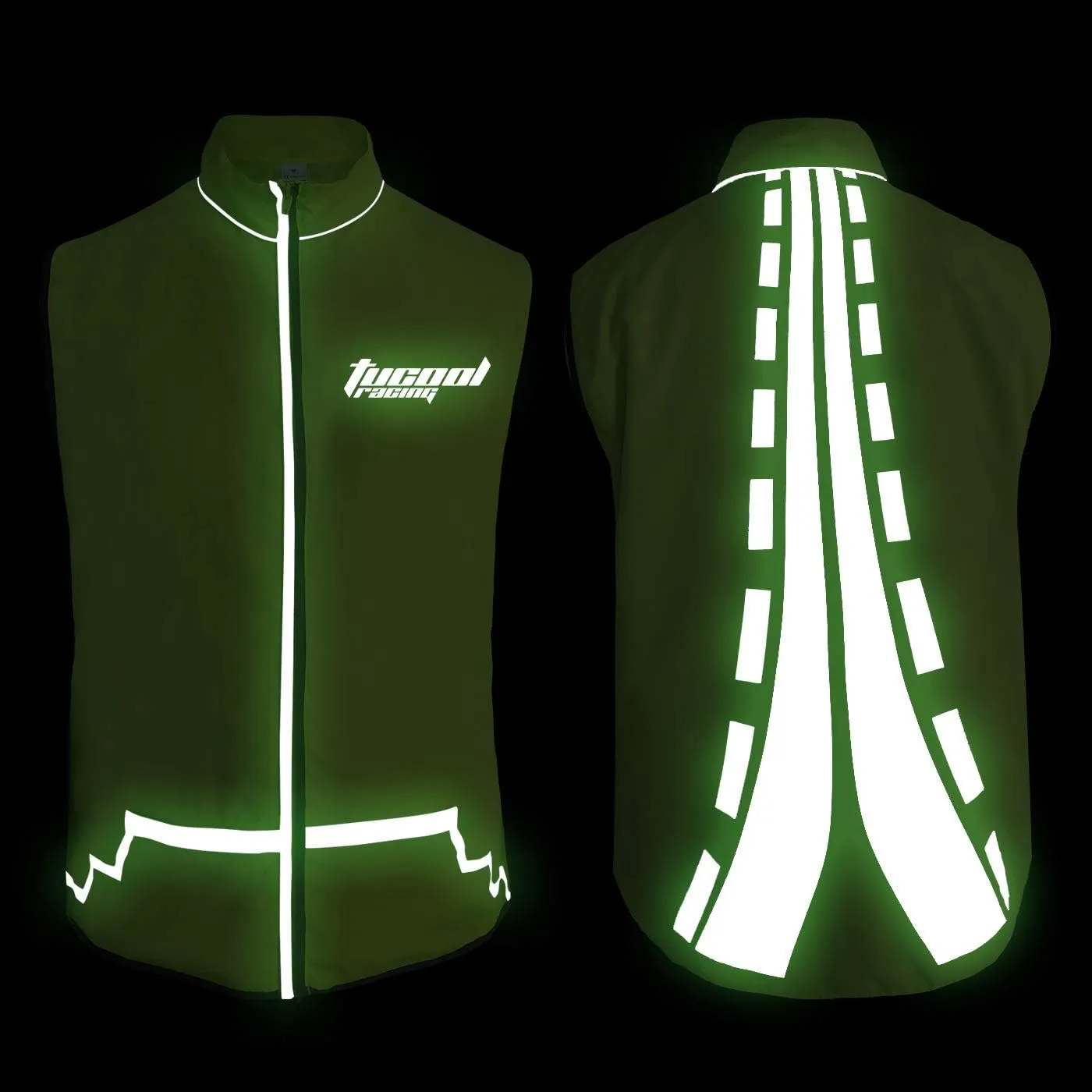 Tucoolracing High Visibility Cycling Vest Reflective Vest for Night Running Jogging Biking Motorcycle with 2 Reflective Safety Bands (Green, XL)