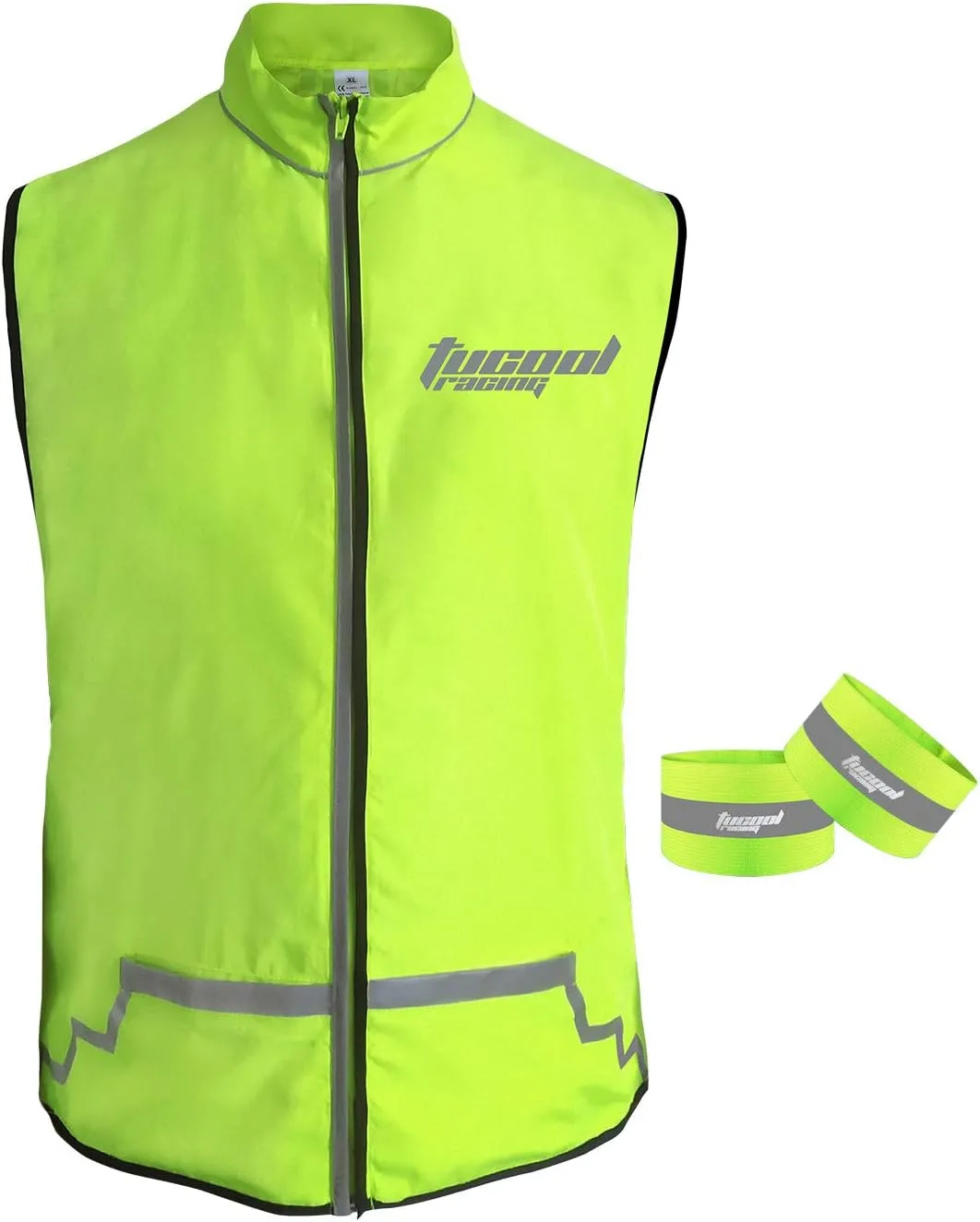 Tucoolracing High Visibility Cycling Vest Reflective Vest for Night Running Jogging Biking Motorcycle with 2 Reflective Safety Bands (Green, XL)