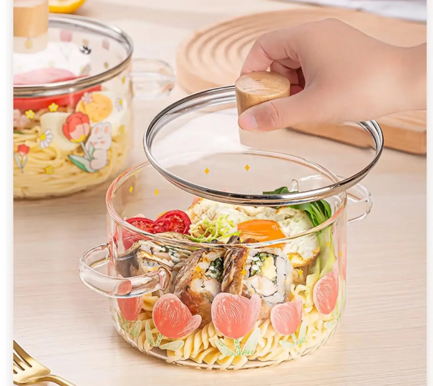 Tulip Glass Cooking Pot with Wooden Lid (1.5L)